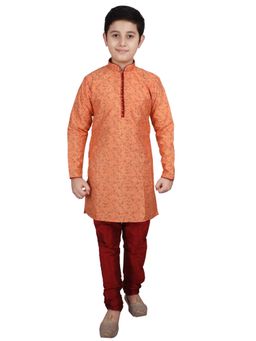Pro Ethic Style Developer - Orange Handloom Jacquard Silk Kurta Set for Boys