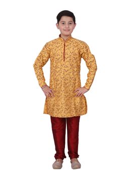 Pro Ethic Style Developer - Yellow Handloom Jacquard Silk Kurta Set for Boys