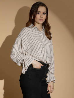 KOTTY - Spread Collar Relaxed Oversized Casual Shirt Beige