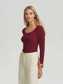 KOTTY - Slim Fit Long Sleeve Ribbed T-Shirt Maroon