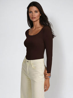 KOTTY - Slim Fit Long Sleeve Ribbed T-Shirt Brown