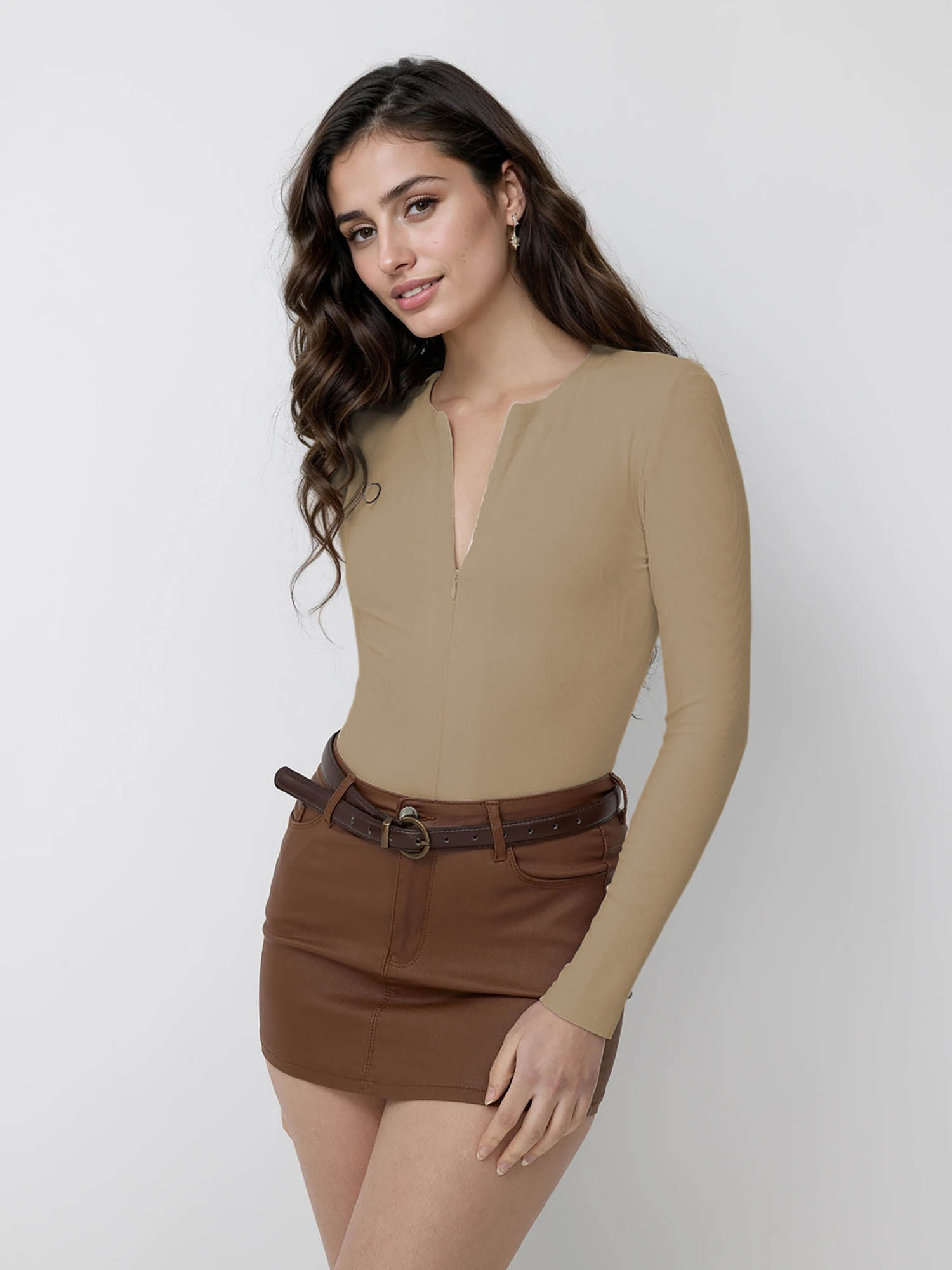kotty Slim Fit Long Sleeve V Neck Ribbed T-Shirt Beige-picture-22
