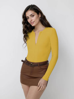 KOTTY - Slim Fit Long Sleeve V Neck Ribbed T-Shirt Mustard