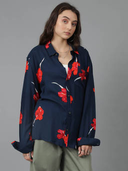 KOTTY - Oversized Cotton Blend Printed Shirt Navy Blue