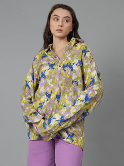 KOTTY - Oversized Cotton Blend Printed Shirt Olive