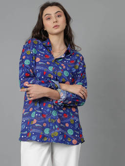 KOTTY - Oversized Cotton Blend Printed Shirt Blue