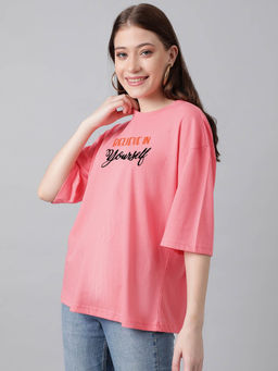 KOTTY - Printed, Typography Round Neck Cotton Blend Oversize T-Shirt Pink
