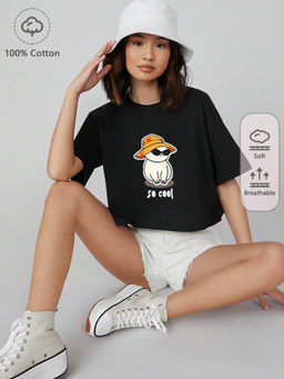 KOTTY - Round Neck Printed Cotton Blend Oversize Fit Crop T-Shirt Black