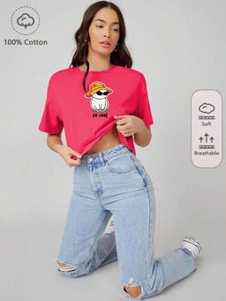 KOTTY - Round Neck Printed Cotton Blend Oversize Fit Crop T-Shirt Pink