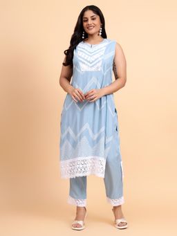 Bani Women - Sleeveless Printed Liva Straight Kurta with Trousers and Dupatta (Set of 3)