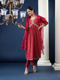 Bani Women - Floral Sequined Chanderi Silk Empire Kurta with Trousers and Dupatta (Set of 3)