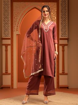 Bani Women - Brown, Pink and Gold-Toned Embroidered Kurta with Palazzos with Dupatta (Set of 3)