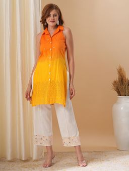 FASHOR - Orange and Yellow Ombre Dyed Sequin Straight Fit Kurta with Palazzo - Orange (Set of 2)