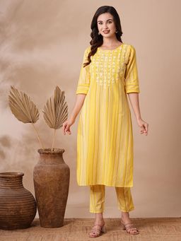 FASHOR - Stripes Printed Resham and Sequins Embroidered Kurta with Pants - Yellow (Set of 2)