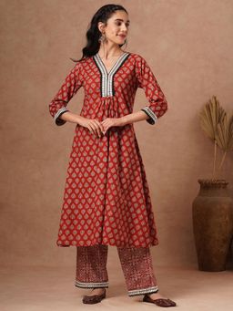 FASHOR - Ethnic Printed and Embroidered and A-Line Panelled Kurta with Palazzo - Brown (Set of 2)