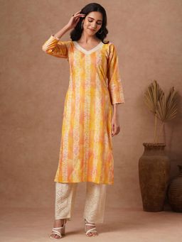 FASHOR - Stripes Printed and Embroidered Straight Fit Kurta with Schiffli Pant - Yellow (Set of 2)
