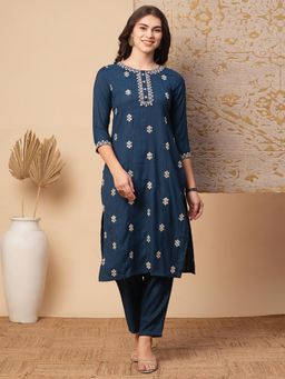 FASHOR - Ethnic Embroidered Straight Fit Co-Ord Set - Teal Blue (Set of 2)