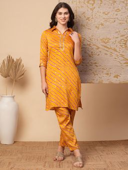 FASHOR - Leheriya Foil Printed Straight Fit Co-Ord Set - Mustard (Set of 2)