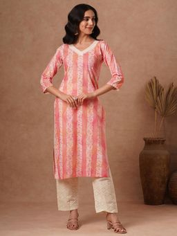 FASHOR - Ethnic Stripes Printed and Straight Fit Kurta with Schiffli Pant - Pink (Set of 2)