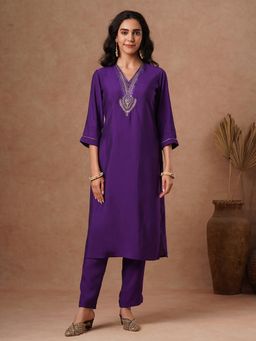 FASHOR - Solid Ethnic Sequin Embroidered Straight Fit Co-Ord Set - Purple (Set of 2)