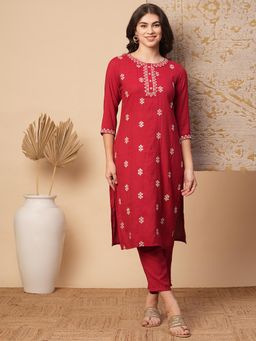 FASHOR - Solid Ethnic Woven and Floral Embroidered Straight Fit Co-Ord Set - Maroon (Set of 2)