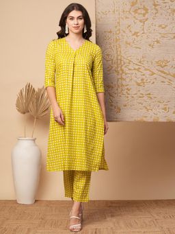 FASHOR - Checks Printed A-Line Co-Ord Set - Yellow (Set of 2)