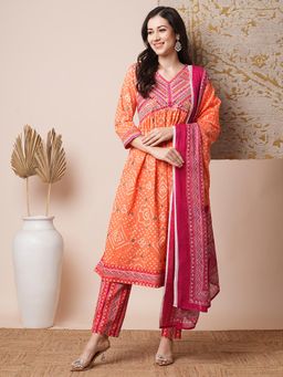 FASHOR - Ethnic Printed Embroidered A-Line Pleated Kurta with Pant and Dupatta - Peach (Set of 3)
