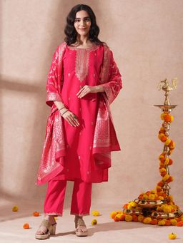FASHOR - Solid Ethnic Embroidered Straight Fit Kurta with Pant and Dupatta - Pink (Set of 3)