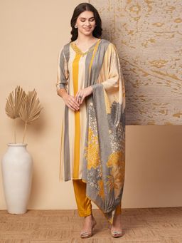 FASHOR - Striped and Hand Embroidered Straight Fit Kurta with Pant and Dupatta - Multi (Set of 3)