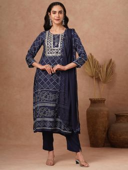 FASHOR - Bandhani and Hand Straight Fit Kurta with Pant and Dupatta - Navy Blue (Set of 3)