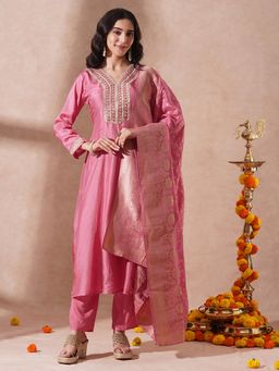 FASHOR - Solid Ethnic Embroidered Anarkali Flared Kurta with Pant and Dupatta - Pink (Set of 3)