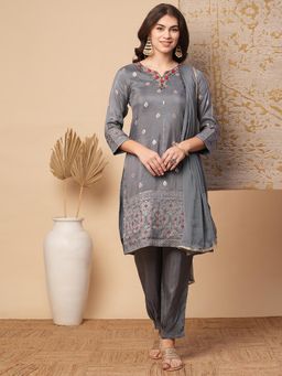 FASHOR - Ethnic Woven and Hand Straight Fit Kurta with Pant and Dupatta - Grey (Set of 3)