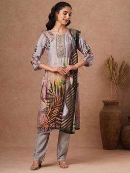 FASHOR - Floral Printed and Embroidered Straight Fit Kurta with Pant and Dupatta - Grey (Set of 3)