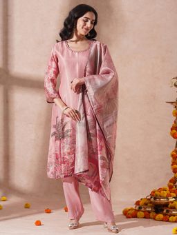 FASHOR - Floral and Hand Straight Kurta with Pant and Dupatta - Pink (Set of 3)