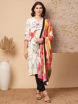 FASHOR - Floral and Hand Embroidered Straight Fit Kurta with Pant and Dupatta - Cream (Set of 3)