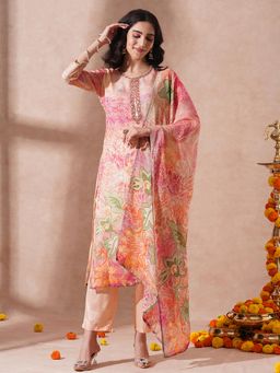 FASHOR - Floral and Straight Fit Kurta with Pant Anda Dupatta - Peach (Set of 3)