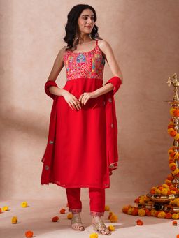 FASHOR - Solid Ethnic Embroidered Straight Fit Kurta with Pant and Dupatta - Red (Set of 3)