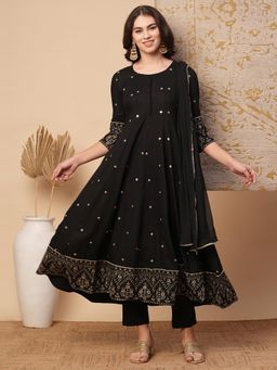 FASHOR - Solid Sequin Embroidered Anarkali Flared Kurta with Pant and Dupatta - Black (Set of 3)
