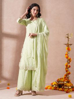 FASHOR - Woven and Straight Fit Kurta with Sharara and Dupatta - Light Green (Set of 3)