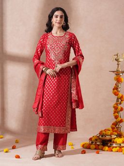 FASHOR - Ethnic Woven and Embroidered Straight Kurta with Pant and Dupatta - Red (Set of 3)