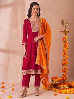 FASHOR - Solid Ethnic Anarkali Flared Kurta with Pant and Dupatta - Ruby Pink (Set of 3)
