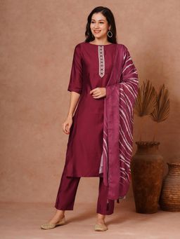 FASHOR - Solid Ethnic Straight Fit Kurta with Pant and Leheriya Dupatta - Maroon (Set of 3)