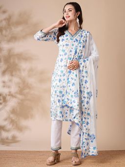 FASHOR - Floral Printed Cut Dana and Resham Embroidered Kurta with Pants and Dupatta (Set of 3)