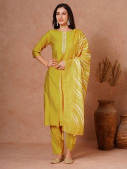 FASHOR - Solid Ethnic Straight Fit Kurta with Pant and Leheriya Dupatta - Yellow (Set of 3)