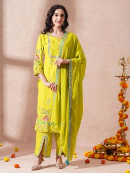 FASHOR - Floral Straight Fit Kurta with Pant and Dupatta - Fluorescent Green (Set of 3)