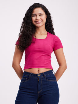 FableStreet - Rib Knit Crop Top - Fuchsia
