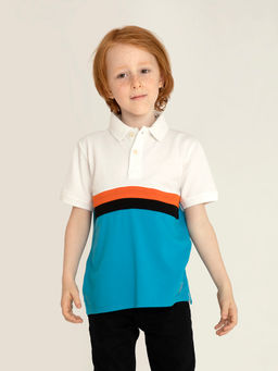 CHERRY CRUMBLE BY NITT HYMAN - White Blue Color Block Blue Bird Polo T-shirt