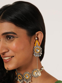 BeAbhika - Yellow Beaded Kanuati Earrings with Shells