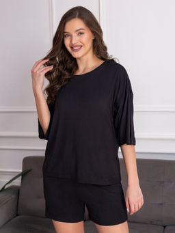 Chelvet - Womens Premium Waffle Black T-Shirt And Shorts