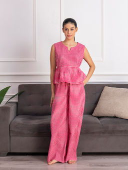 Chelvet - Women's Pink Checked Peplum Top and Pyjama